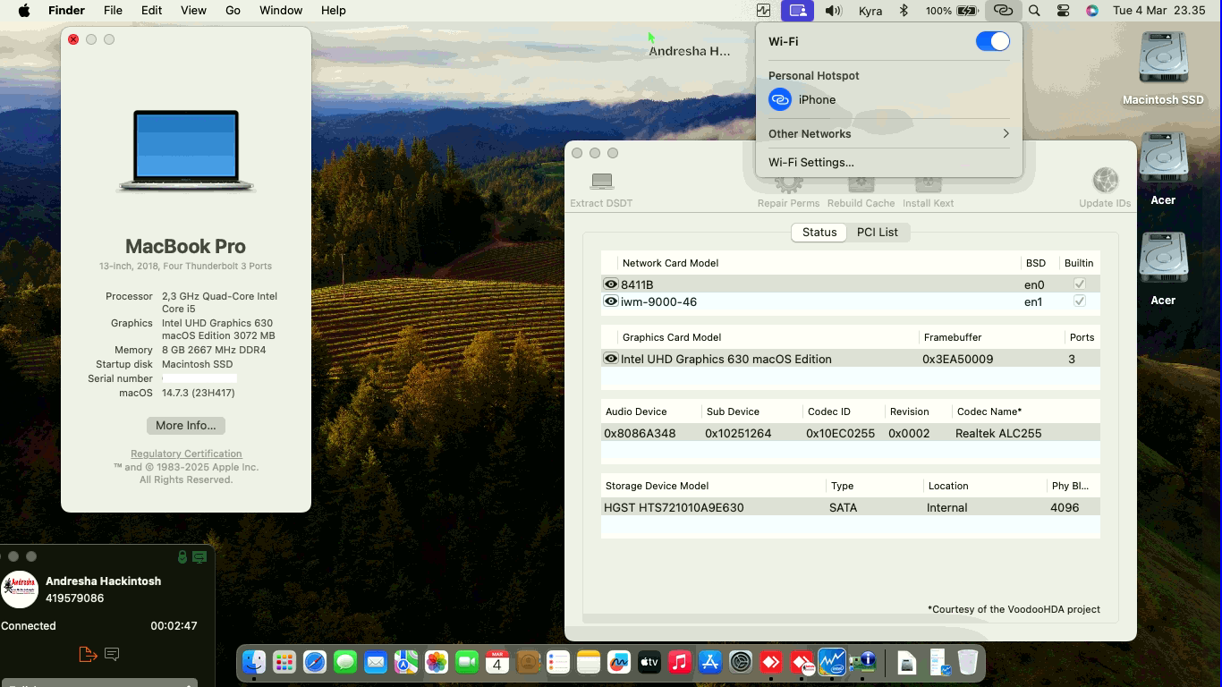 Success Hackintosh macOS Sonoma 14.7.3 Build 23H417 in Acer Nitro 5 AN515-52-51T2
